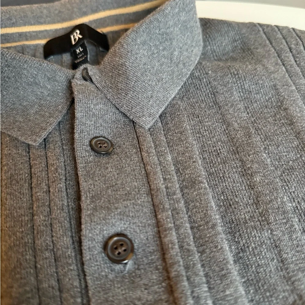 BR Banana Republic 100% Cotton XL Knit Polo Sweater Gray Ribbed Long Sleeve